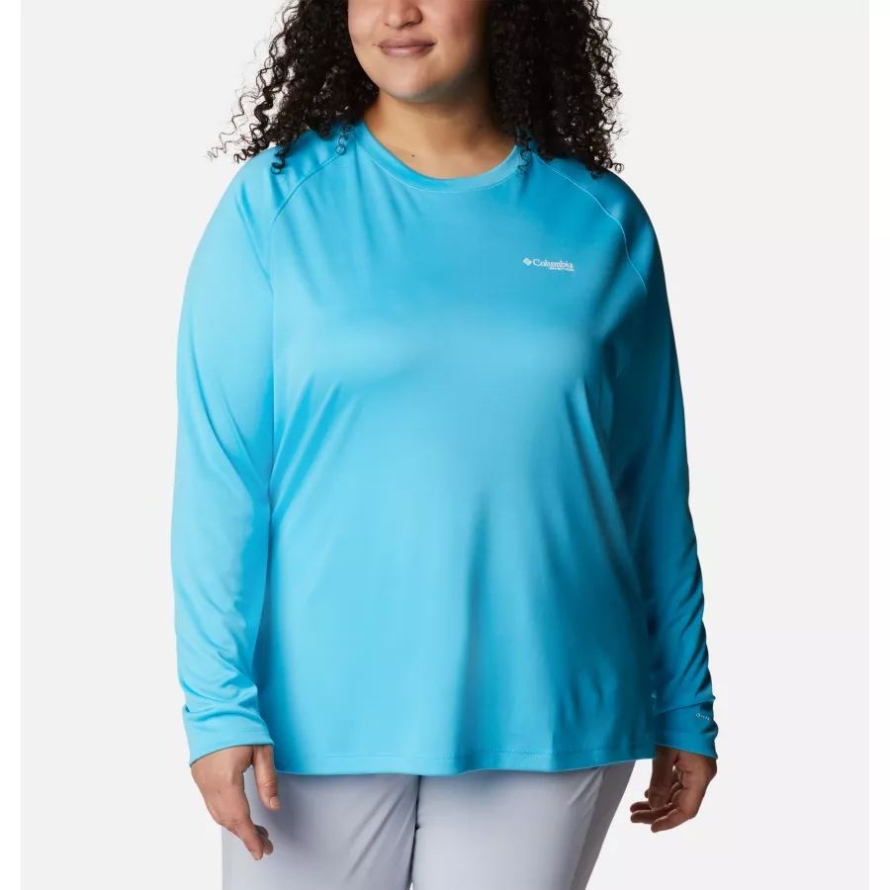 Atoll/White Logo Columbia Women's PFG Tidal Tee II Long Sleeve Plus Size