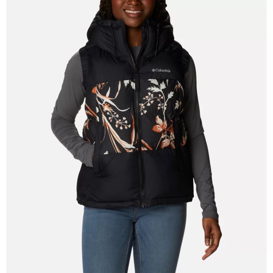Black/Black Fallgrass Print Women's Pike Lake II Hooded Insulated Puffer Vest Columbia