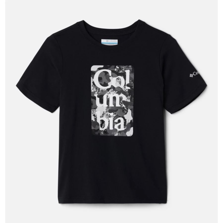 Black Camo Stacks Columbia Boy's Basin Ridge Organic Cotton Graphic T-Shirt