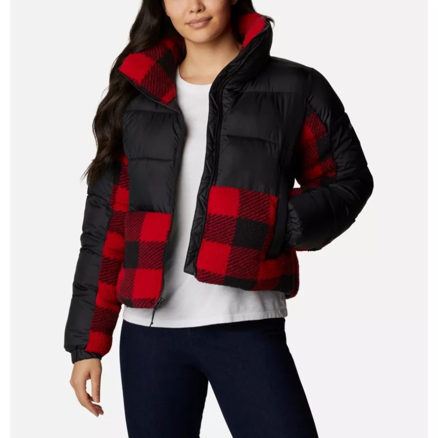 Black/Red Buffalo Plaid Print Columbia Women's Leadbetter Point Sherpa Hybrid Puffer Jacket