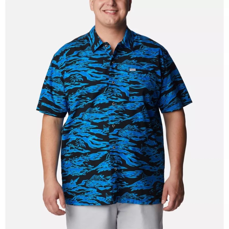 Black Rough Waves Print Columbia Men's PFG Trollers Best Short Sleeve Shirt Big