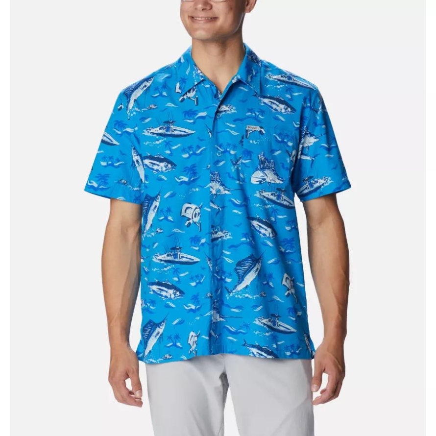 Blue Macaw Reel Dreamz Print Men's PFG Trollers Best Short Sleeve Shirt Columbia