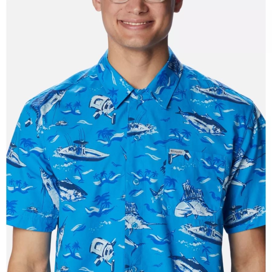 Blue Macaw Reel Dreamz Print Men's PFG Trollers Best Short Sleeve Shirt Columbia