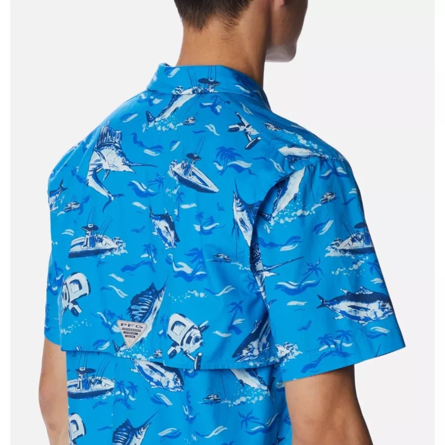 Blue Macaw Reel Dreamz Print Men's PFG Trollers Best Short Sleeve Shirt Columbia