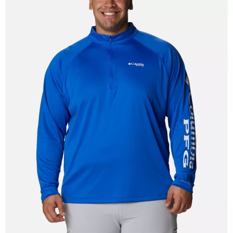 Blue Macaw/White Logo Men's PFG Terminal Tackle 1/4 Zip Pullover Big Columbia