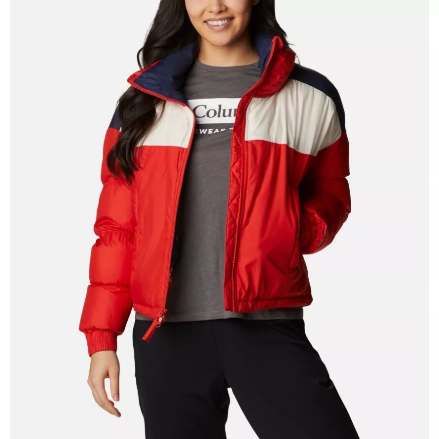 Bold Orange/Chalk/Nocturnal Columbia Women's Pike Lake Insulated Cropped Puffer Jacket