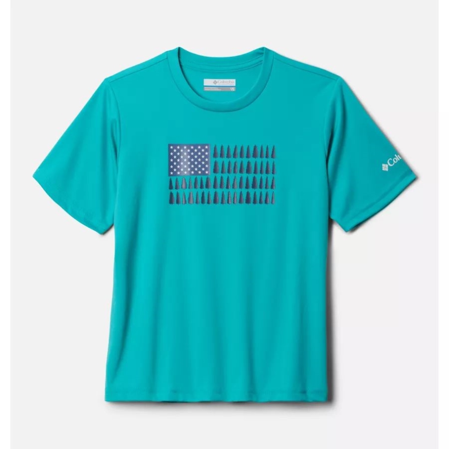 Boys' Grizzly Ridge Short Sleeve Graphic T-Shirt Bright Aqua/Patriotic Pines Graphic Columbia