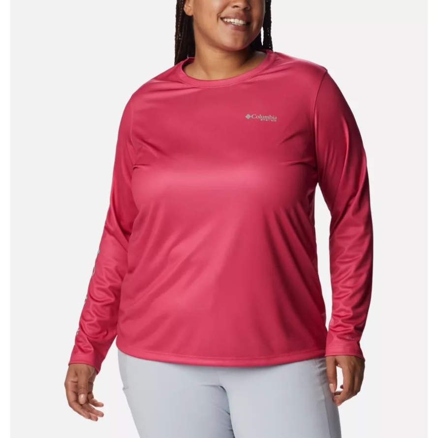 Cactus Pink/Kelp Palmetto Columbia Women's PFG Tidal Tee Sailfish Flair Long Sleeve Shirt Plus Size