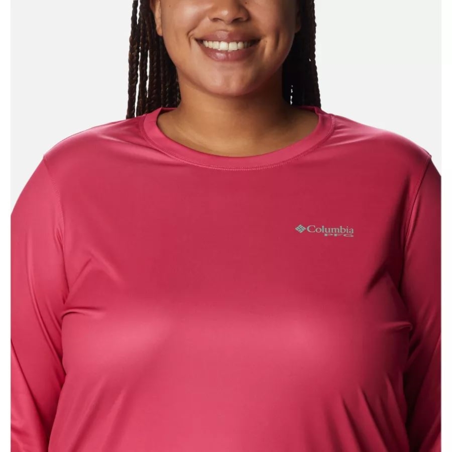 Cactus Pink/Kelp Palmetto Columbia Women's PFG Tidal Tee Sailfish Flair Long Sleeve Shirt Plus Size
