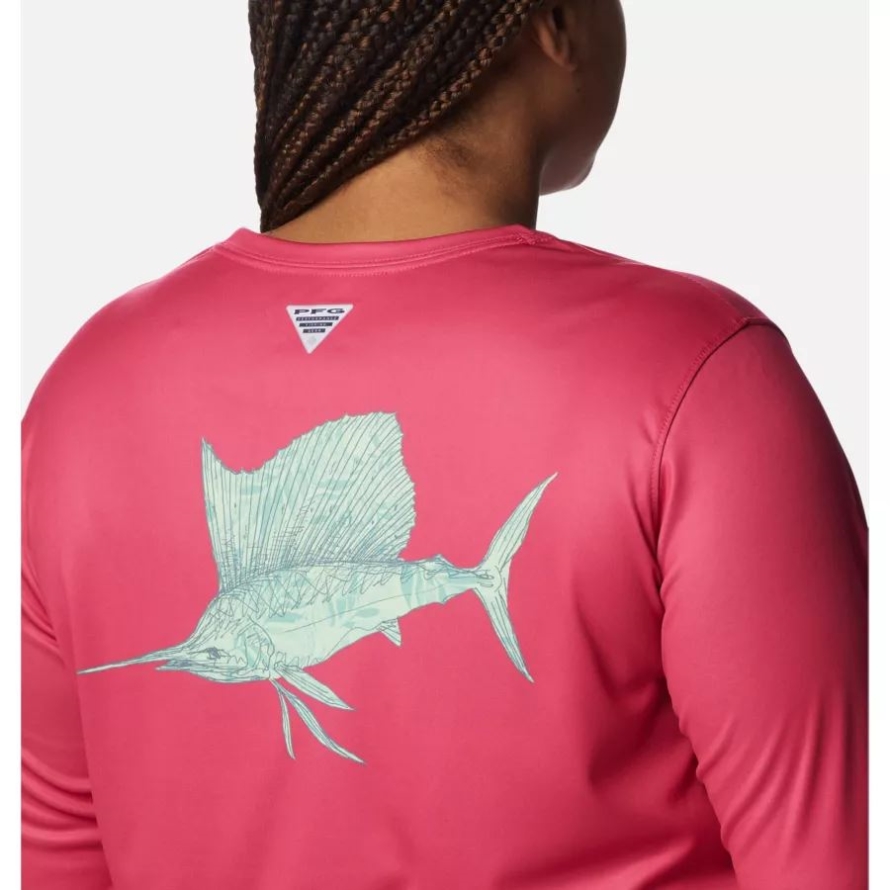 Cactus Pink/Kelp Palmetto Columbia Women's PFG Tidal Tee Sailfish Flair Long Sleeve Shirt Plus Size