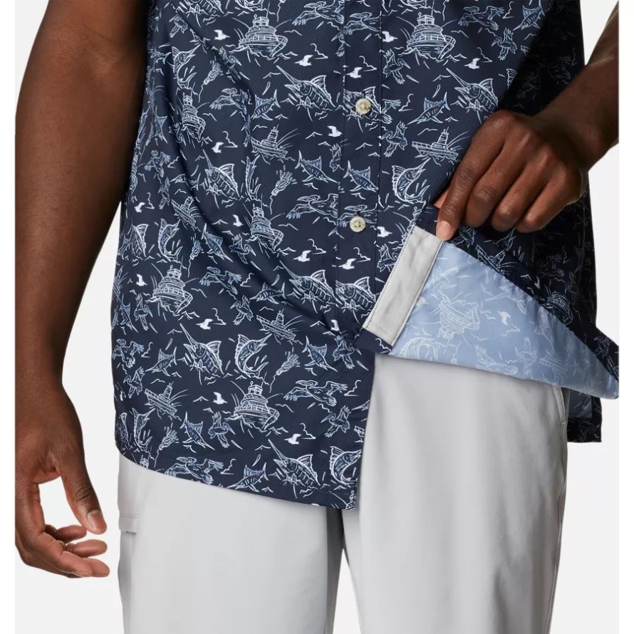 Coll Navy Small Mighty Marlins Print Men's PFG Super Slack Tide Camp Shirt Columbia
