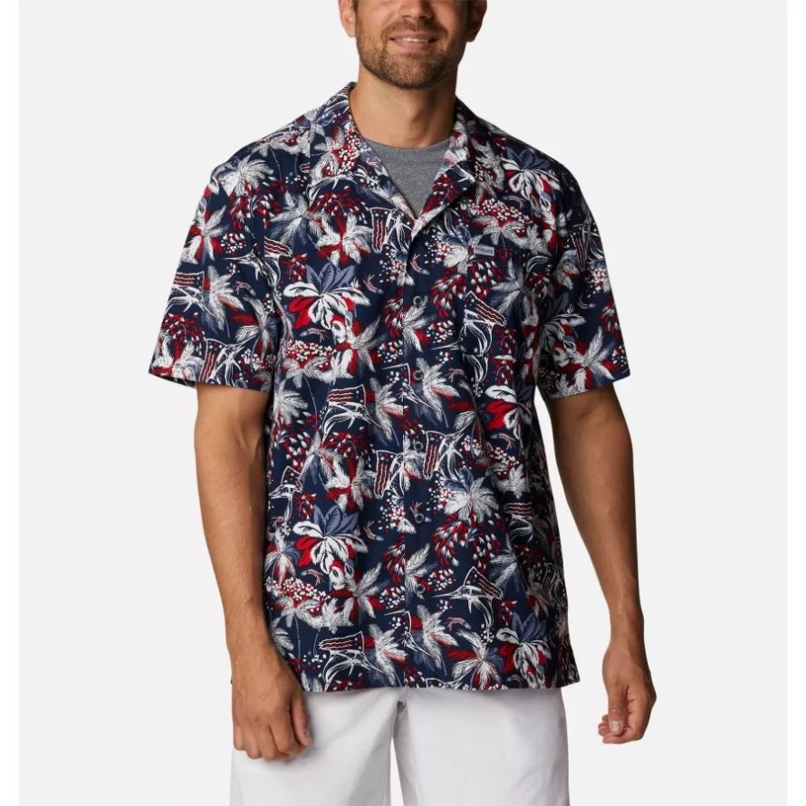 Collegiate Navy Fireworks Fish Print Columbia Men's PFG Trollers Best Short Sleeve Shirt