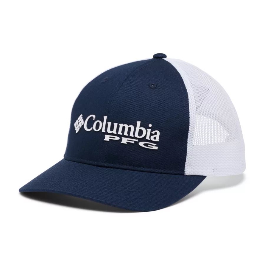 Collegiate Navy/White/Stacked Logo PFG Trucker Snap Back Columbia