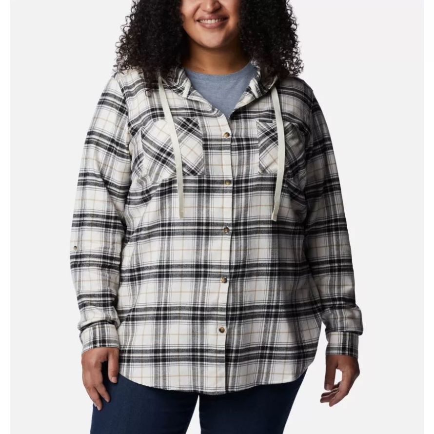 Columbia Black Multi Tartan Women's Anytime Stretch Hooded Long Sleeve Shirt Plus Size