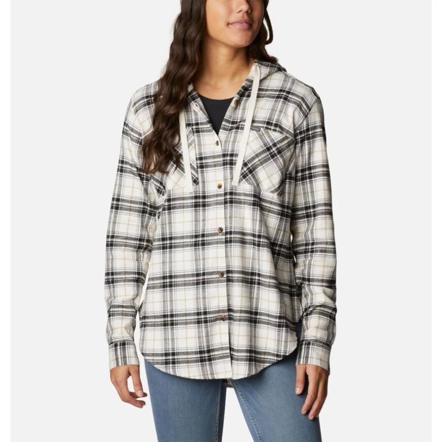Columbia Black Multi Tartan Women's Anytime Stretch Hooded Long Sleeve Shirt