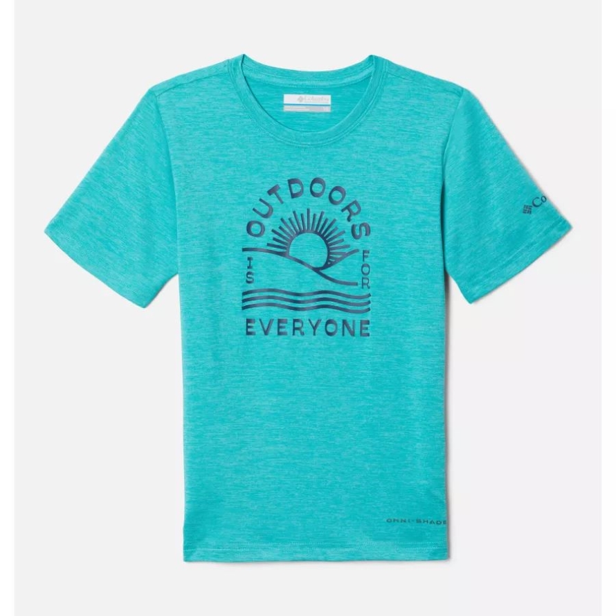 Columbia Boys' Mount Echo Short Sleeve Graphic Shirt Bright Aqua Hthr/Outdoors Everyone Grx