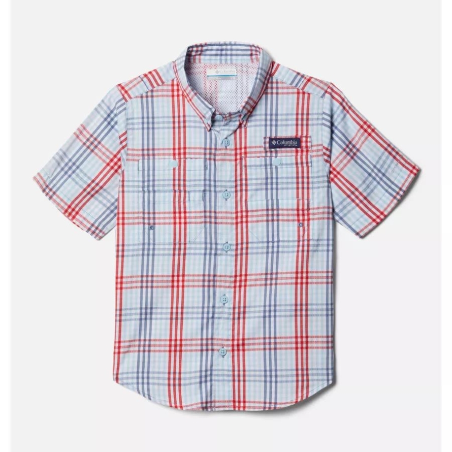 Columbia Boys' PFG Super Tamiami Short Sleeve Shirt Bluestone Blanket Gingham