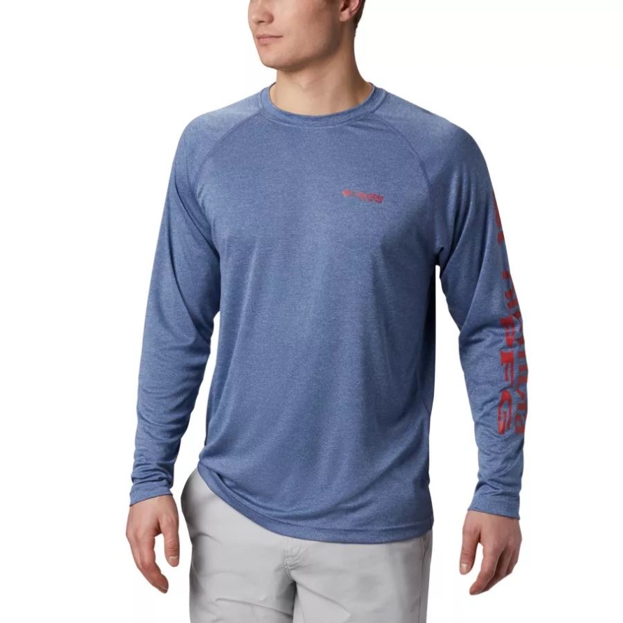 Columbia Carbon Heather/Red Spark Logo Men's PFG Terminal Tackle Heather Long Sleeve Shirt