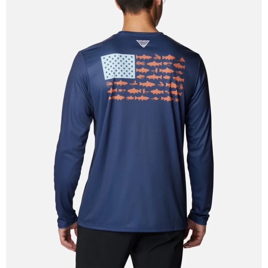 Columbia Carbon/Spring Blue Trout Flies Men's PFG Terminal Tackle Fish Flag Long Sleeve Shirt Tall