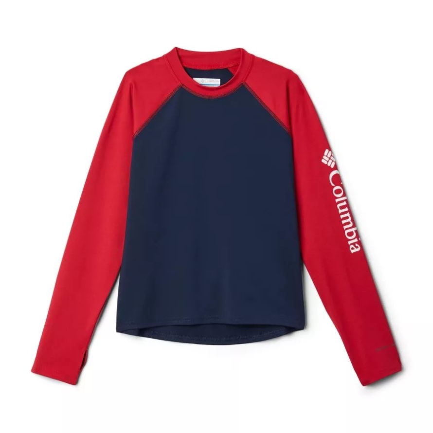 Columbia Collegiate Navy/Mountain Red Kids' Sandy ShoresLong Sleeve Sunguard Shirt