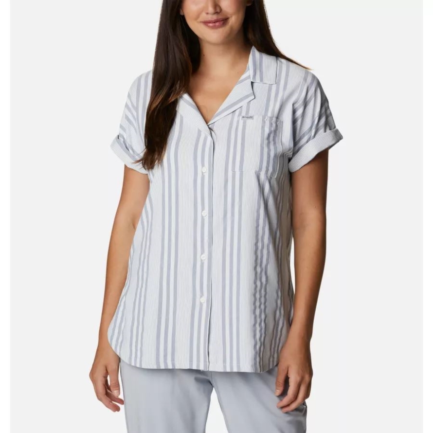 Columbia Collegiate Navy Stripe Women's Sun Drifter Woven Short Sleeve Shirt