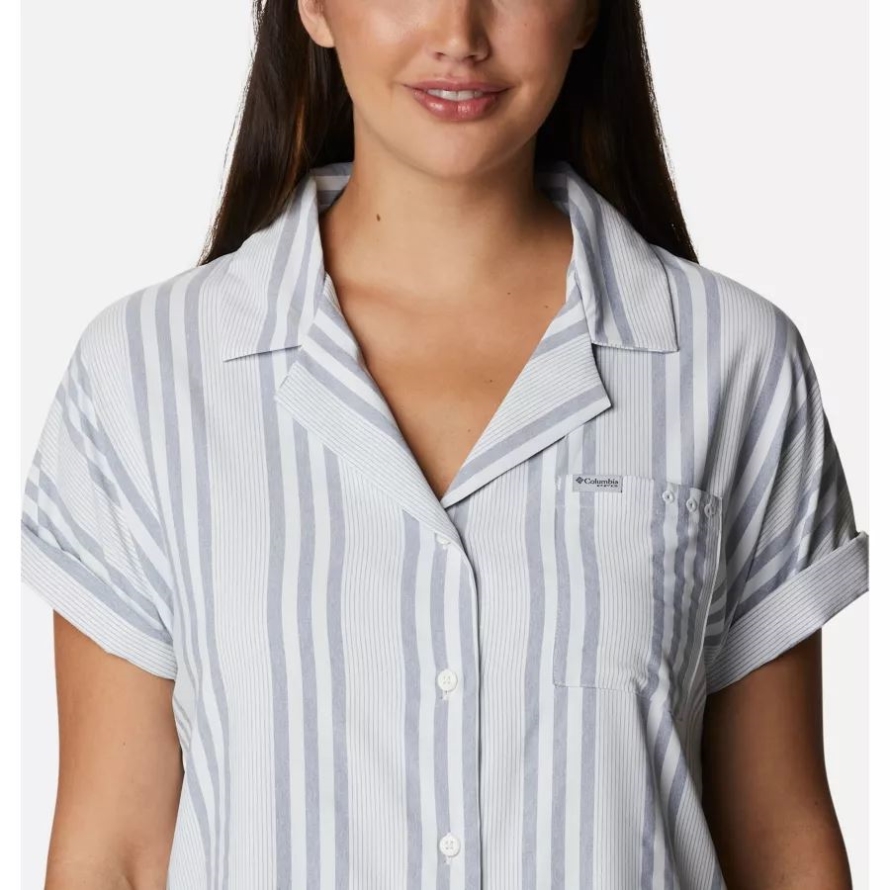 Columbia Collegiate Navy Stripe Women's Sun Drifter Woven Short Sleeve Shirt
