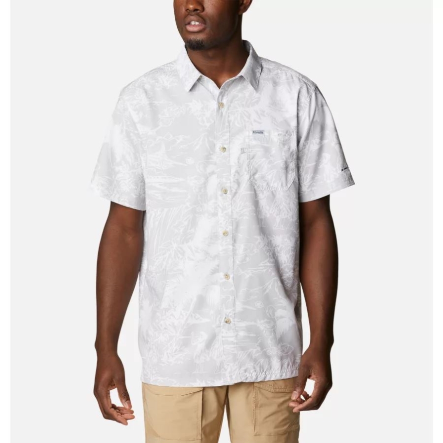 Columbia Cool Grey Hula Fish Print Men's PFG Super Slack Tide Camp Shirt