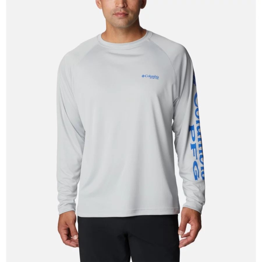 Columbia Cool Grey/Vivid Blue Logo Men's PFG Terminal TackleLong Sleeve Shirt Tall