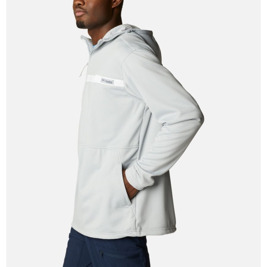 Columbia Cool Grey/White Men's PFG Skiff Guide Hooded Half Zip Fleece Pullover