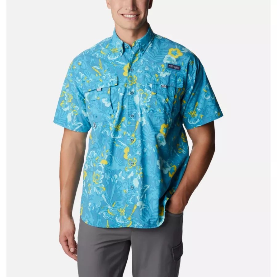 Columbia Deep Marine Marlin Tropic Print Men's PFG Super Bahama Short Sleeve Shirt