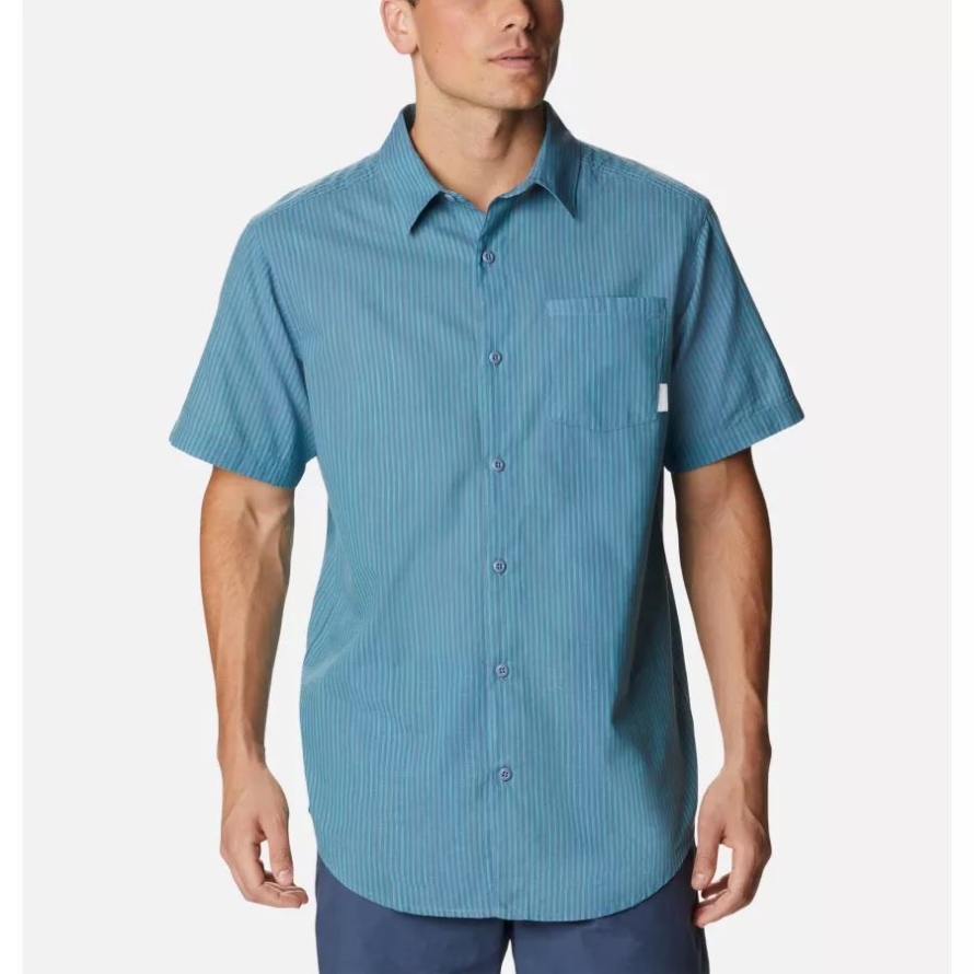 Columbia Electric Turquoise Oxford Stripe Men's Under Exposure YD Short Sleeve Shirt