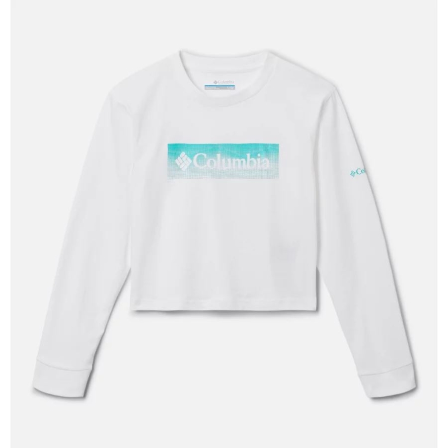 Columbia Girls' Mission Lake Boxy Long Sleeve Shirt White/Framed Halftone Logo Graphic