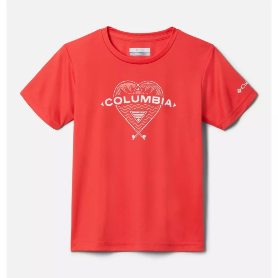 Columbia Girls' PFG Tidal Tee Heart Short Sleeve Shirt Red Hibiscus/White