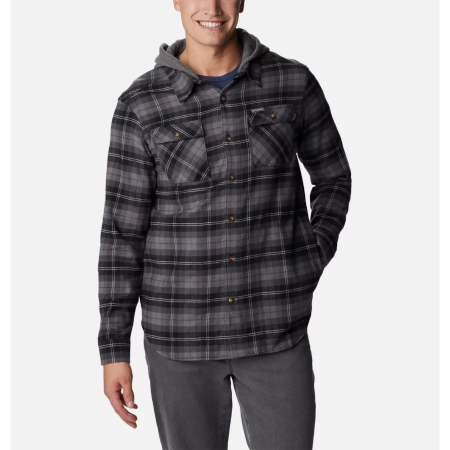 Columbia Men's Flare Gun Stretch Flannel Hoodie Black Balanced Tartan
