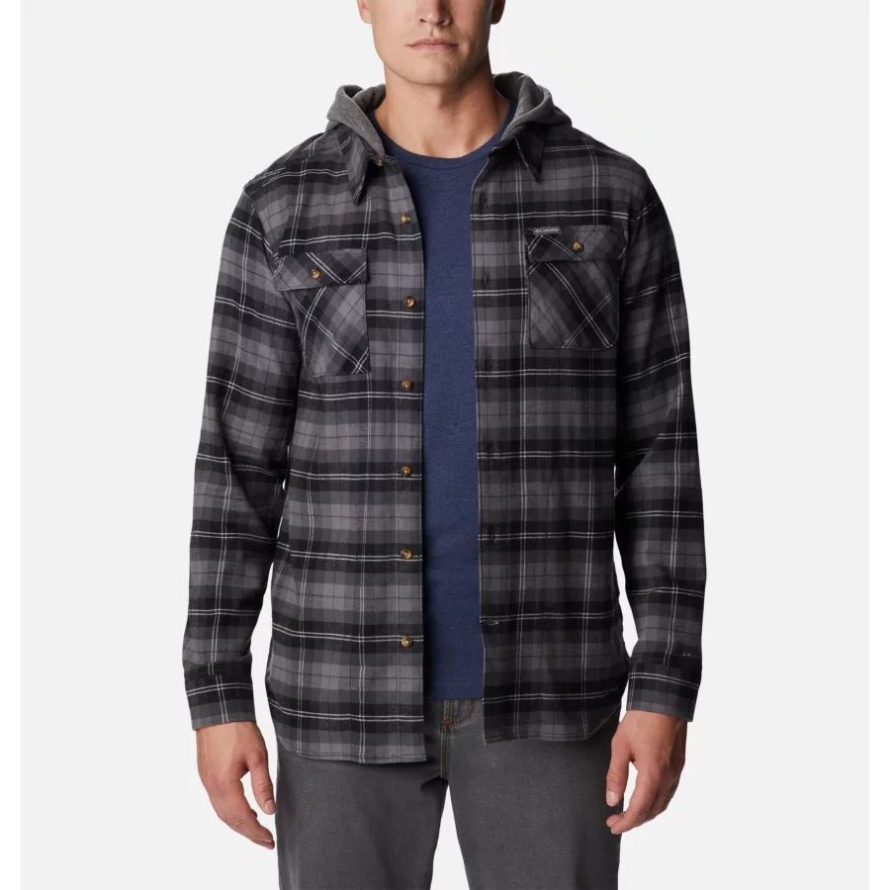 Columbia Men's Flare Gun Stretch Flannel Hoodie Black Balanced Tartan