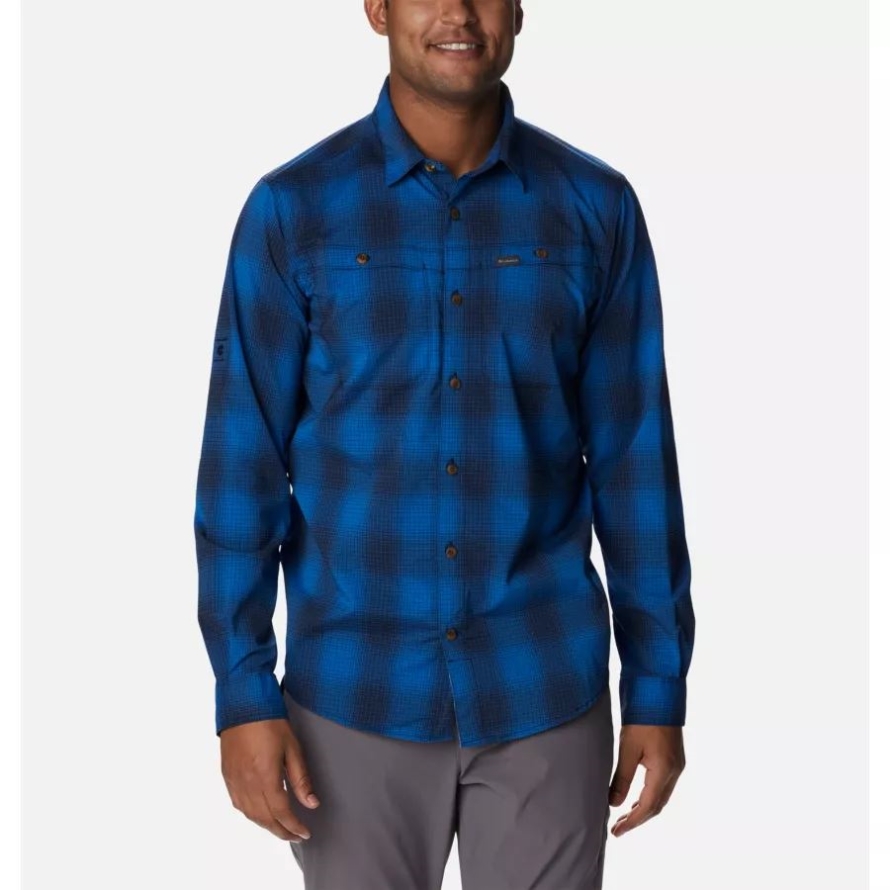 Columbia Men's Newton Ridge II Plaid Long Sleeve Shirt Bright Indigo Soft Ombre