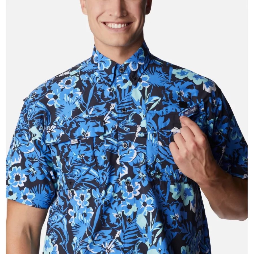 Columbia Men's PFG Super Bahama Short Sleeve Shirt Blue Macaw Marlin Tropic Print