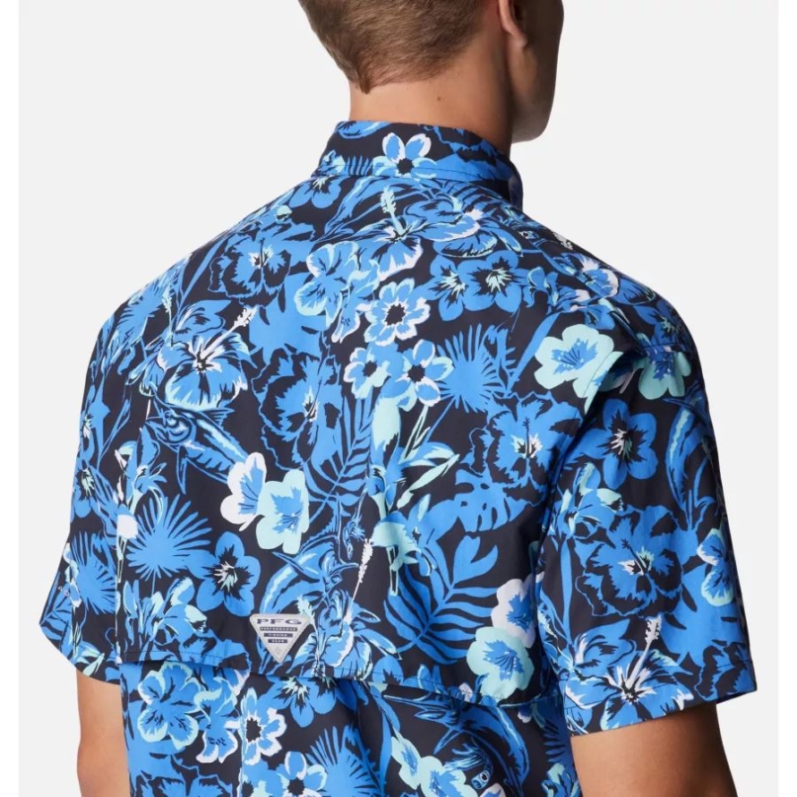 Columbia Men's PFG Super Bahama Short Sleeve Shirt Blue Macaw Marlin Tropic Print