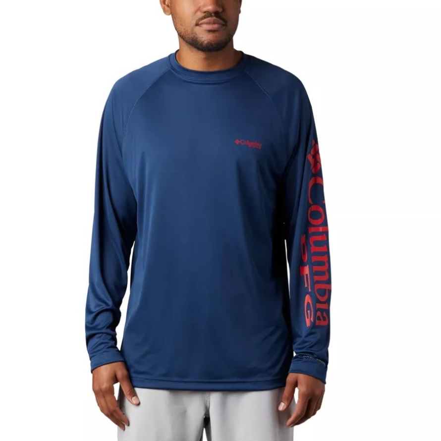 Columbia Men's PFG Terminal Tackle Long Sleeve Shirt Carbon/Red Spark Logo