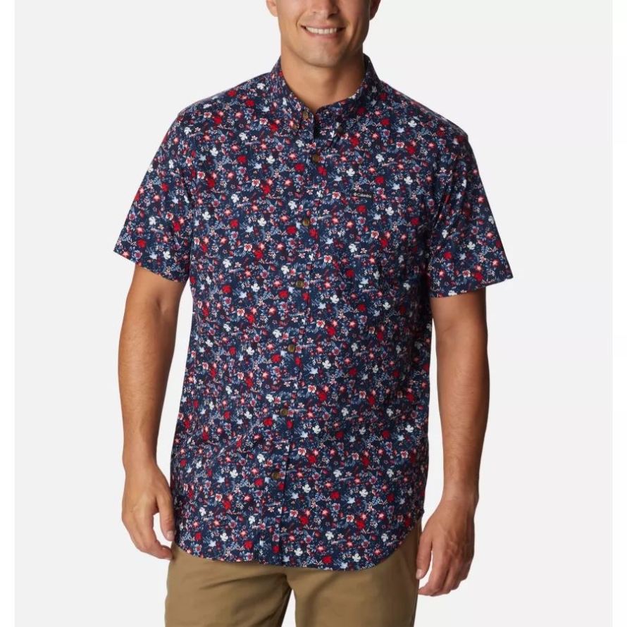 Columbia Men's Rapid Rivers Printed Short Sleeve Shirt Collegiate Navy Mini-Biscus