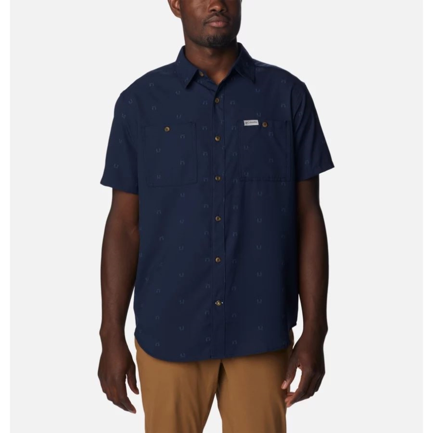 Columbia Men's Utilizer Printed Woven Short Sleeve Shirt Collegiate Navy Hammocked