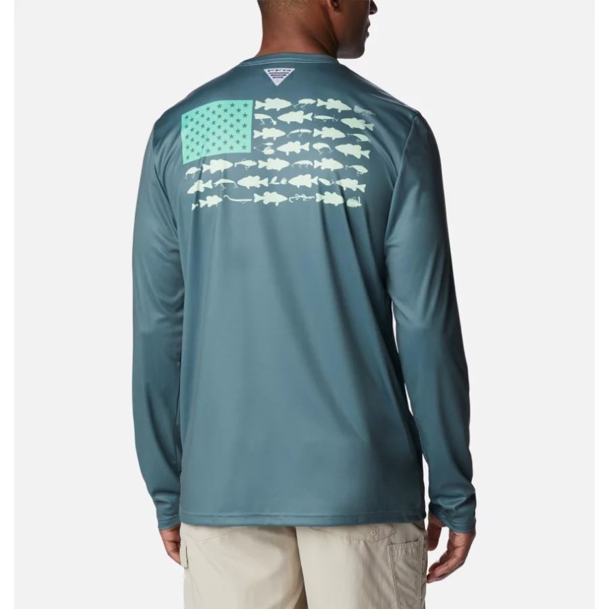 Columbia Metal/Key West Bass Lures Men's PFG Terminal Tackle Fish Flag Long Sleeve Shirt Tall