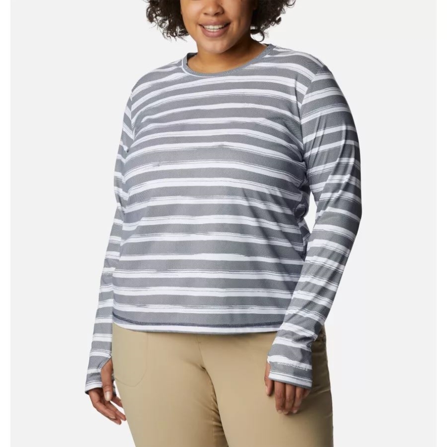 Columbia Nocturnal Brush Stripe Women's Sun Deflector Summerdry Long Sleeve Shirt Plus Size