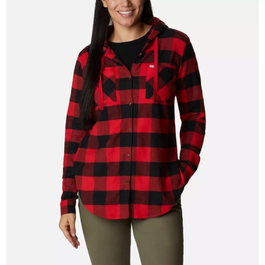 Columbia Red Lily Buffalo Check Women's Anytime Stretch Hooded Long Sleeve Shirt
