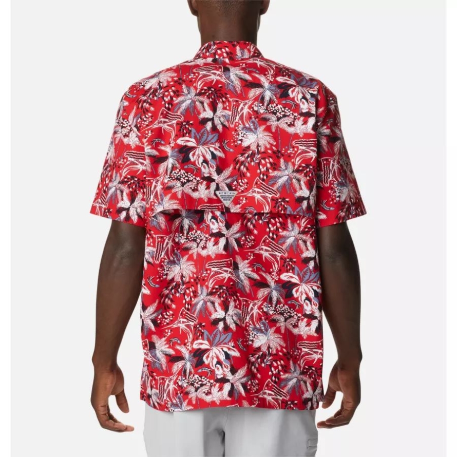 Columbia Red Spark Fireworks Fish Print Men's PFG Trollers Best Short Sleeve Shirt