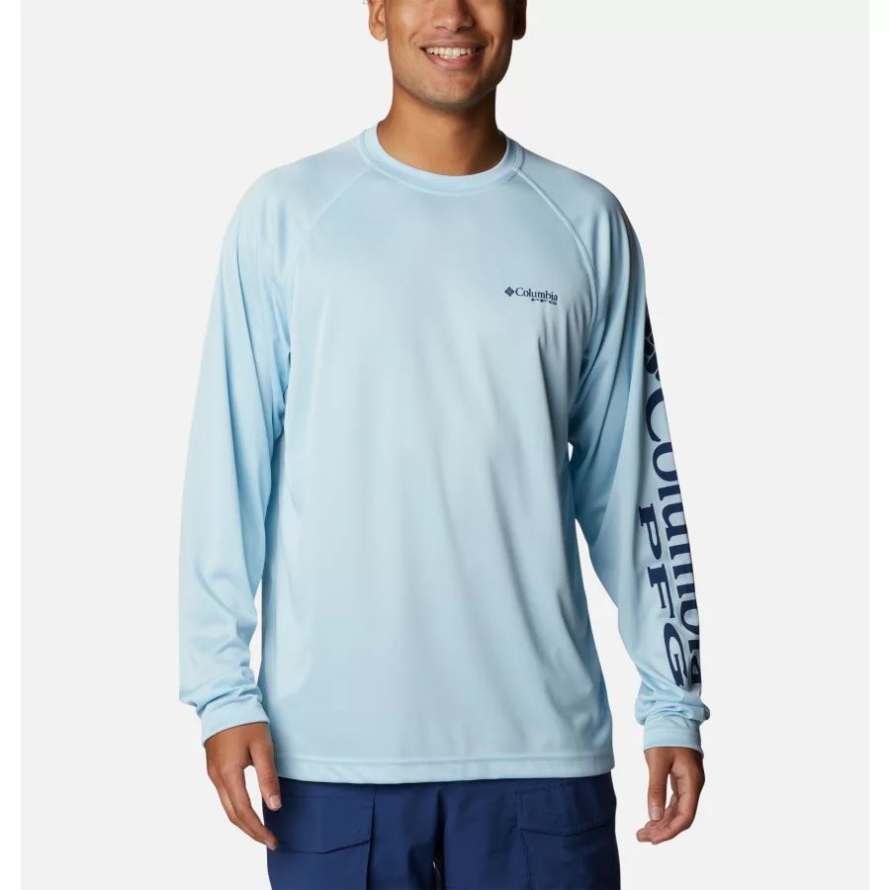 Columbia Spring Blue Heather/Carbon Logo Men's PFG Terminal Tackle Heather Long Sleeve Shirt