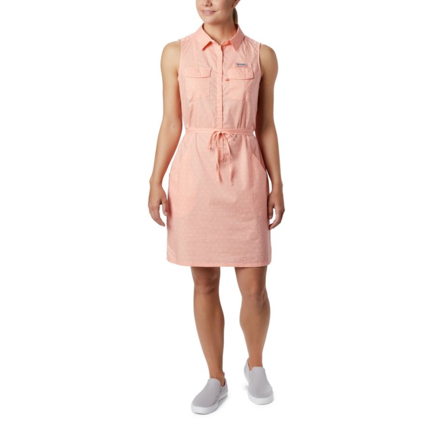 Columbia Tiki Pink Swiss Dot Women's PFG Bonehead Stretch Sleeveless Dress