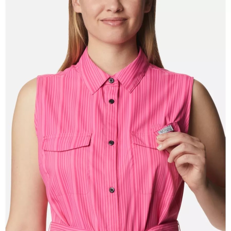 Columbia Ultra Pink Vertical Stripe Women's PFG Sun Drifter Woven Dress II