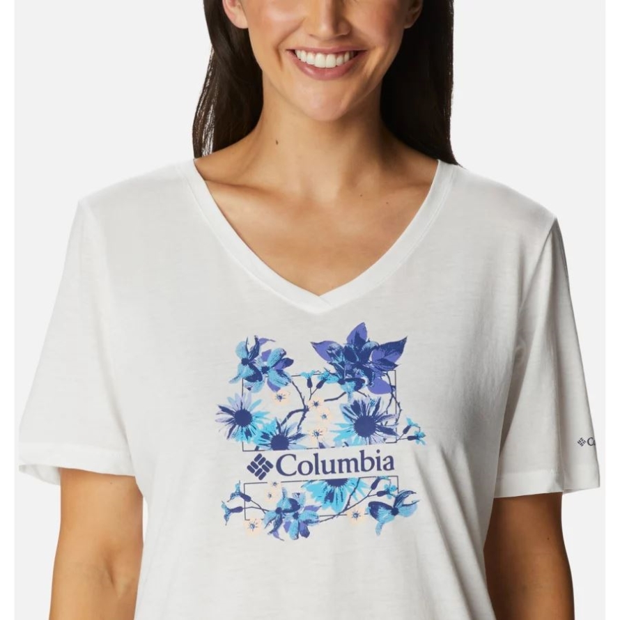 Columbia White/Jubilant Escape Graphic Women's Bluebird Day Relaxed V-Neck Shirt