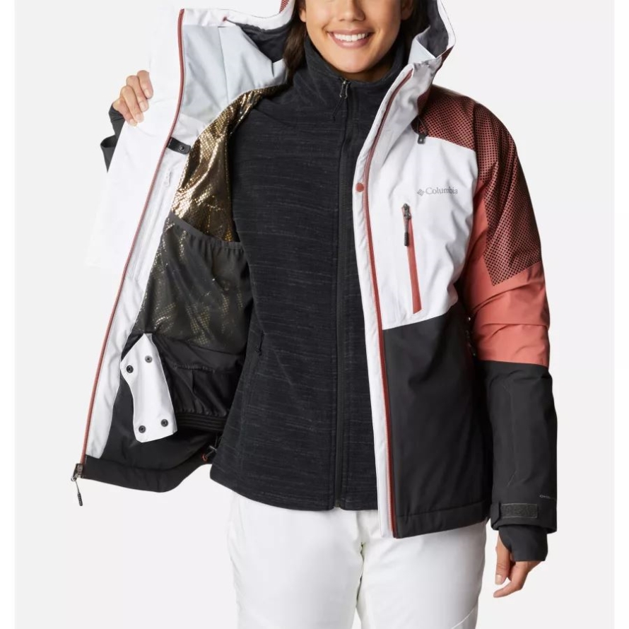 Columbia White/Shark/Dark Coral Women's Snow Slab Black Dot Jacket
